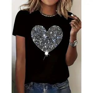 Women's diamond heart-shaped printed (non real diamonds) round neck T-shirt, summer and spring casual top, women's clothing