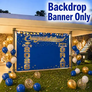 SummerVibes Class of 2026 Graduation Backdrop Banner, Blue Gold Congrats Grad Photo Booth Background, Indoor Outdoor Graduation Party Decorations