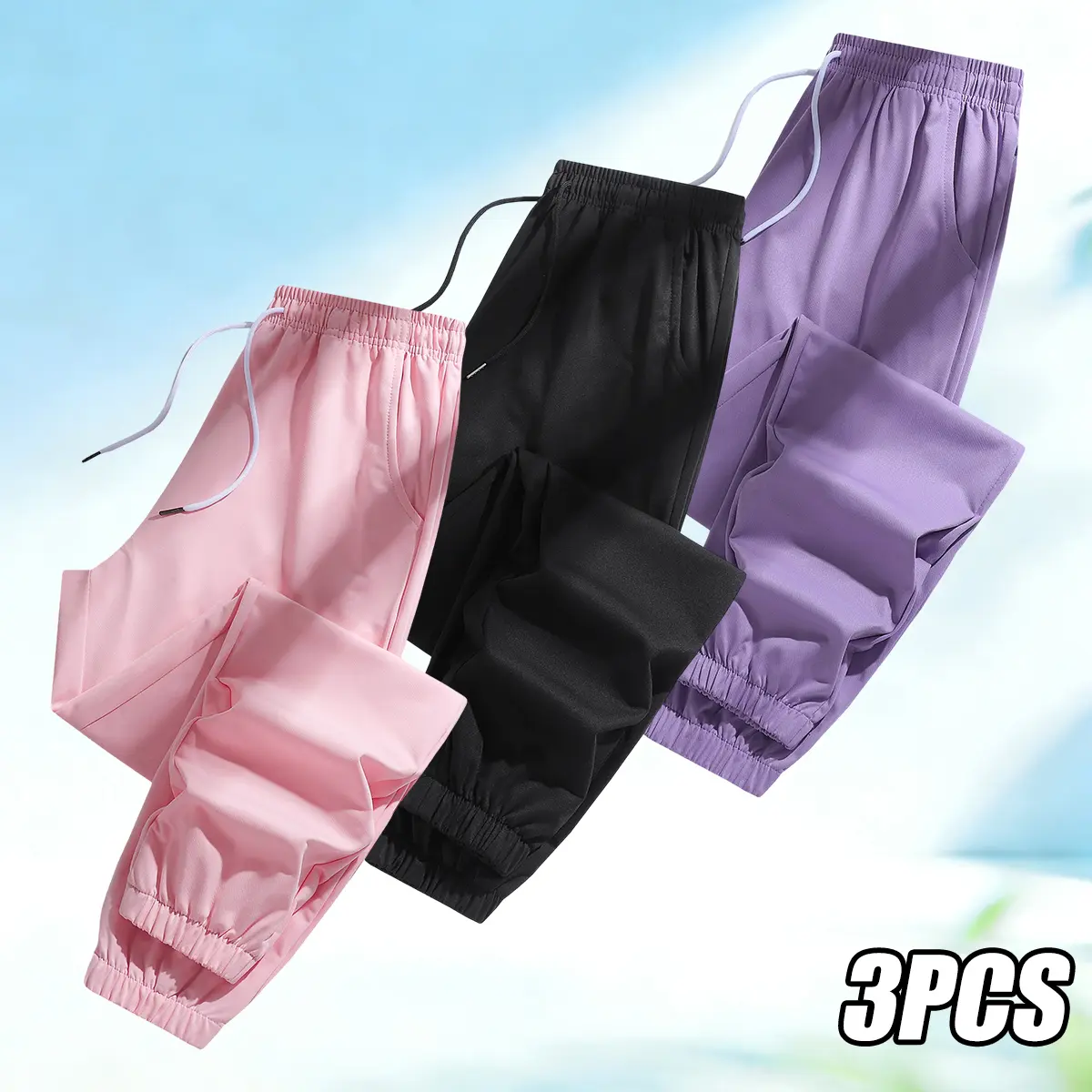 3 Pack Women's Sweatpants, Casual Solid Polyester Joggers with Drawstring and Large Pockets, All-Season Pants