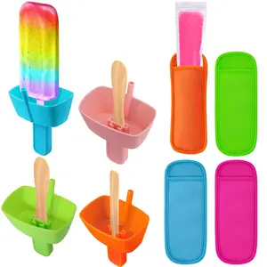 8pcs Popsicle Holders and Ice Pop Sleeves Set No Drip, Silicone Popsicle Holder with Straw and Reusable Neoprenee Freeze Popsicle Sleeves, Mess Free, No Freezing Hands