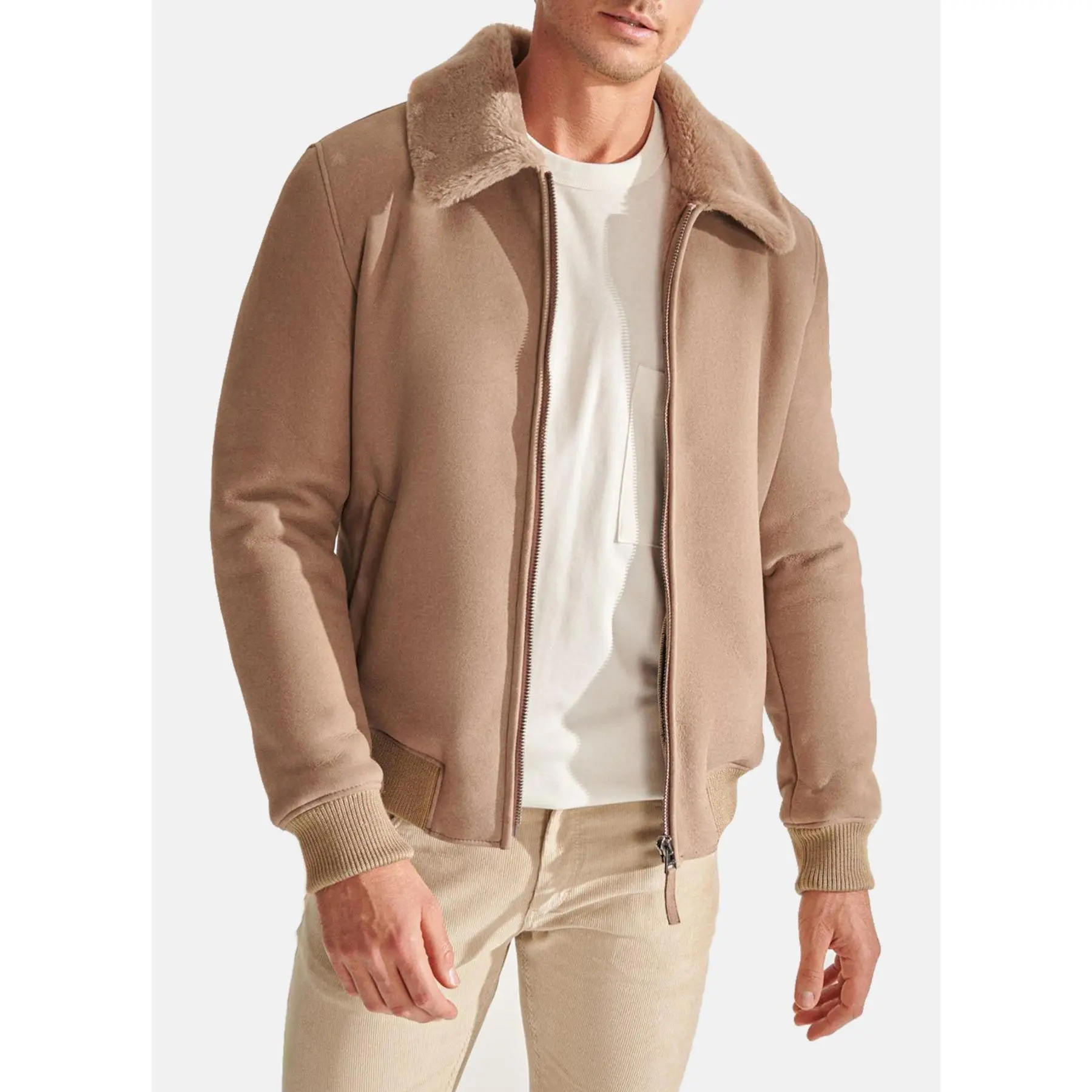 Mens Beige Sports Shearling Leather Jacket
