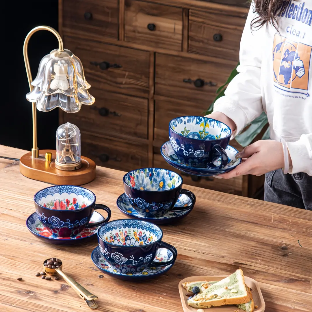 Bohemian Ceramic Cup Set, 13.5oz Milk Oatmeal Mug, High-Value Large Capacity Home Water Cup, Microwave Safe Dishwasher Friendly, Drinking Cups, Drinking Tea Cup Teacup