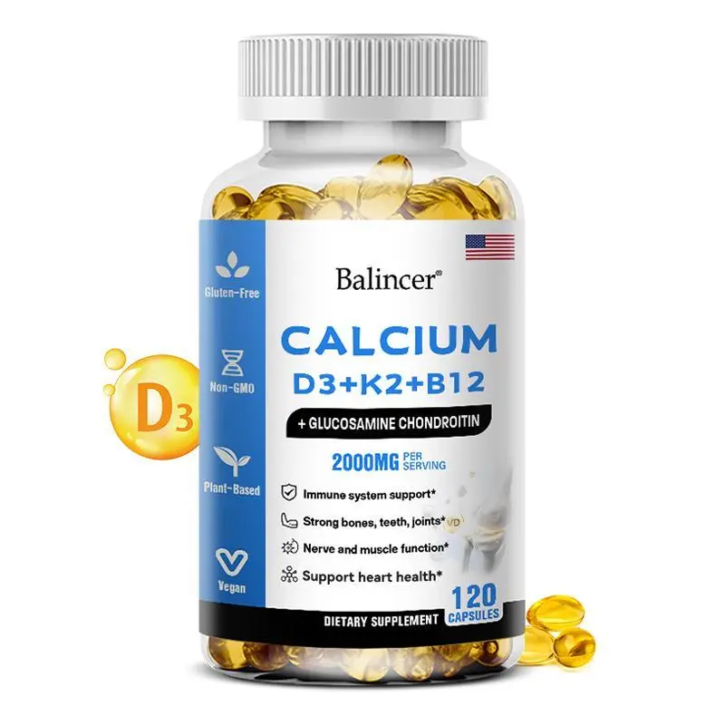 Balincer D3+K2+B12 Calcium Glucosamine Chondroitin Supplement - Supports Joint and Dental Health - Supports Nervous System and Immune System Health - Supports Heart Health - 120 Capsules