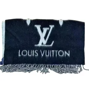 Pre-owned Louis Vuitton Cashmere Small Leather Goods Reykjavik Scarf Navy Blue with LV Logo & Fringes Accessory