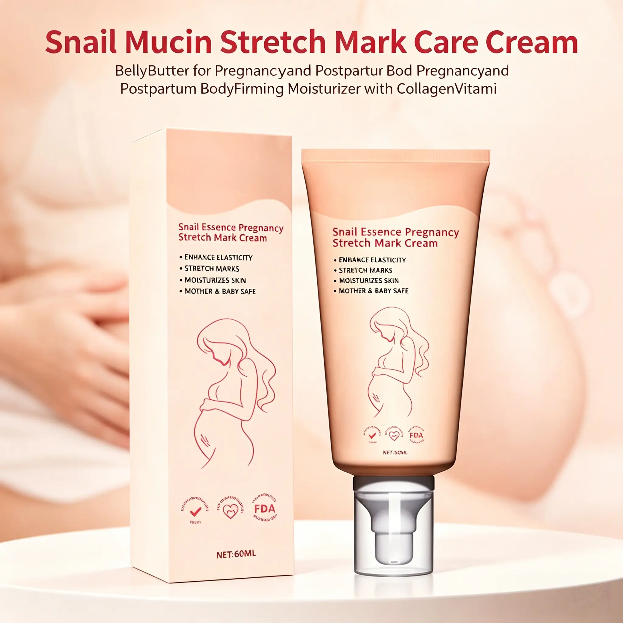 Snail Mucin Stretch Mark Cream for Belly & Hips - Belly Butter with Collagen & Glycolic Acid, Fragrance Free Moisturizer for Postpartum Recovery & Pregnant Women, Firms Skin, 24 Months, Us, Tightening Cream, Bust