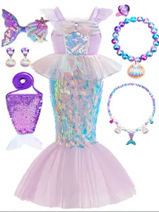 (Dress + all accessories)Children Mermaid Princess Dress Cosplay Ariel Girls Dress Kids Girls Mermaid Princess Dress Ruffle Gradient Cosplay Costume Dress Up Costume