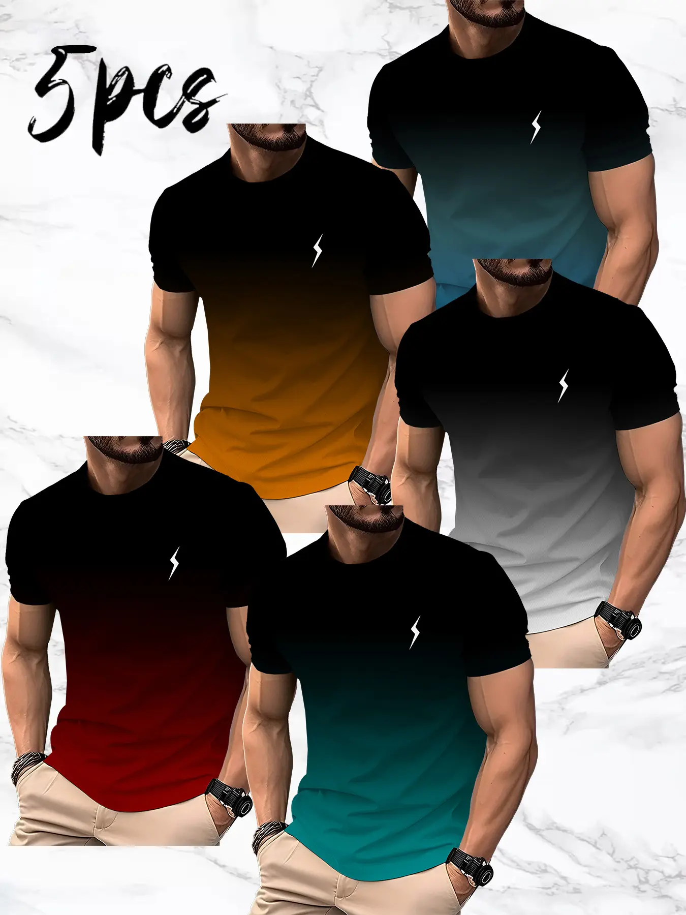 Men's Casual Ombre/Striped Print Short Sleeve T-Shirts (5pcs), Stylish Summer Wear, Lightweight and Airy Fabric, Perfect for Outdoor Activities, Tropical