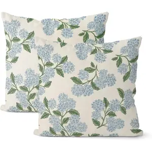 18x18 Inch 2 Pcs Spring Blue Green Hydrangea Flower Decor Throw Pillow Covers Vintage Floral Linen Cushion Cover for Couch Sofa Summer Outdoor Decoration