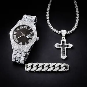 Men’s Rhinestone Iced Out Bling Set – Watch, Cross Necklace & Cuban Bracelet