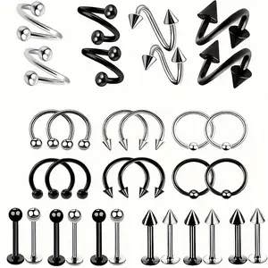 Stainless Steel Lip Stud Nose Ring Horseshoe Rod Ball Pointed Cone Puncture Jewelry Combination Set
