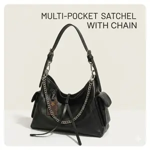Women's Edgy Black Multi-Pocket Satchel Bag with Silver Chain Detail, Chic Utility Shoulder city Bags
