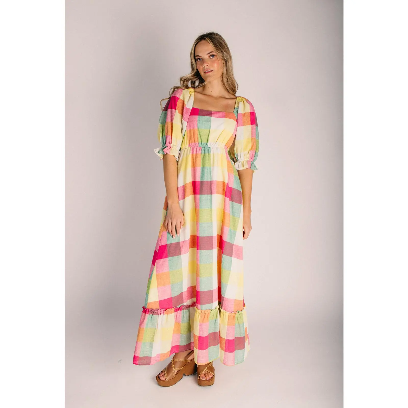 The Estella Plaid Patterned Maxi Dress in Rainbow