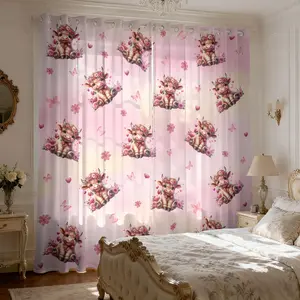 Romantic Spring Floral Pink Highland Cow Printed Sheer Window Privacy Grommet Curtains, Semi-Transparent Light Filtering Drapes, Perfect for Youth Bedrooms & Living Spaces, 2 Panels with Privacy Protection, Home Decoration Curtain