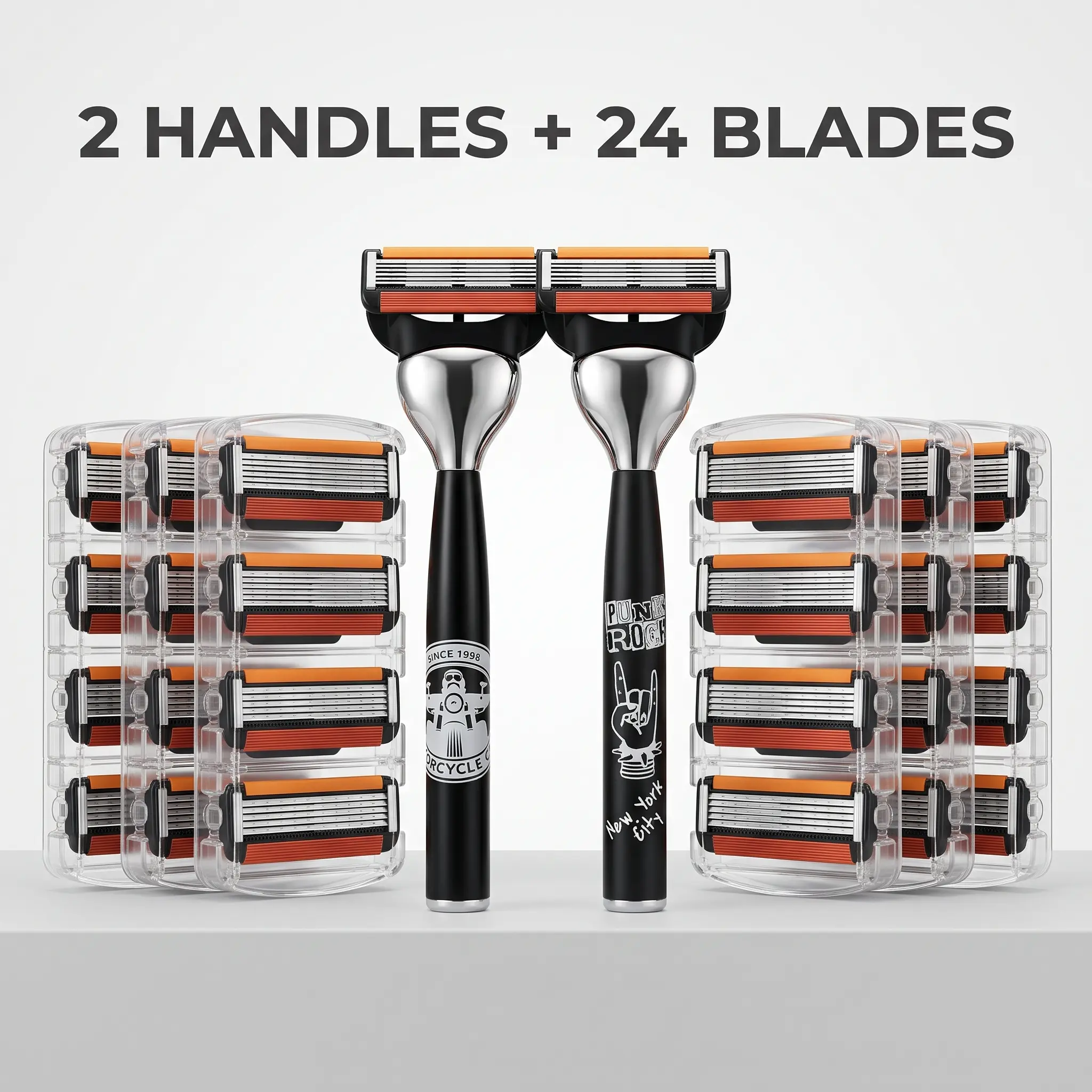6-Blade Men's Shaving Razor Value Pack (2 Handles + 24 Blades), Quick Snap-On Adapter, Dual Comfort Strips & Open-Back Easy Rinse