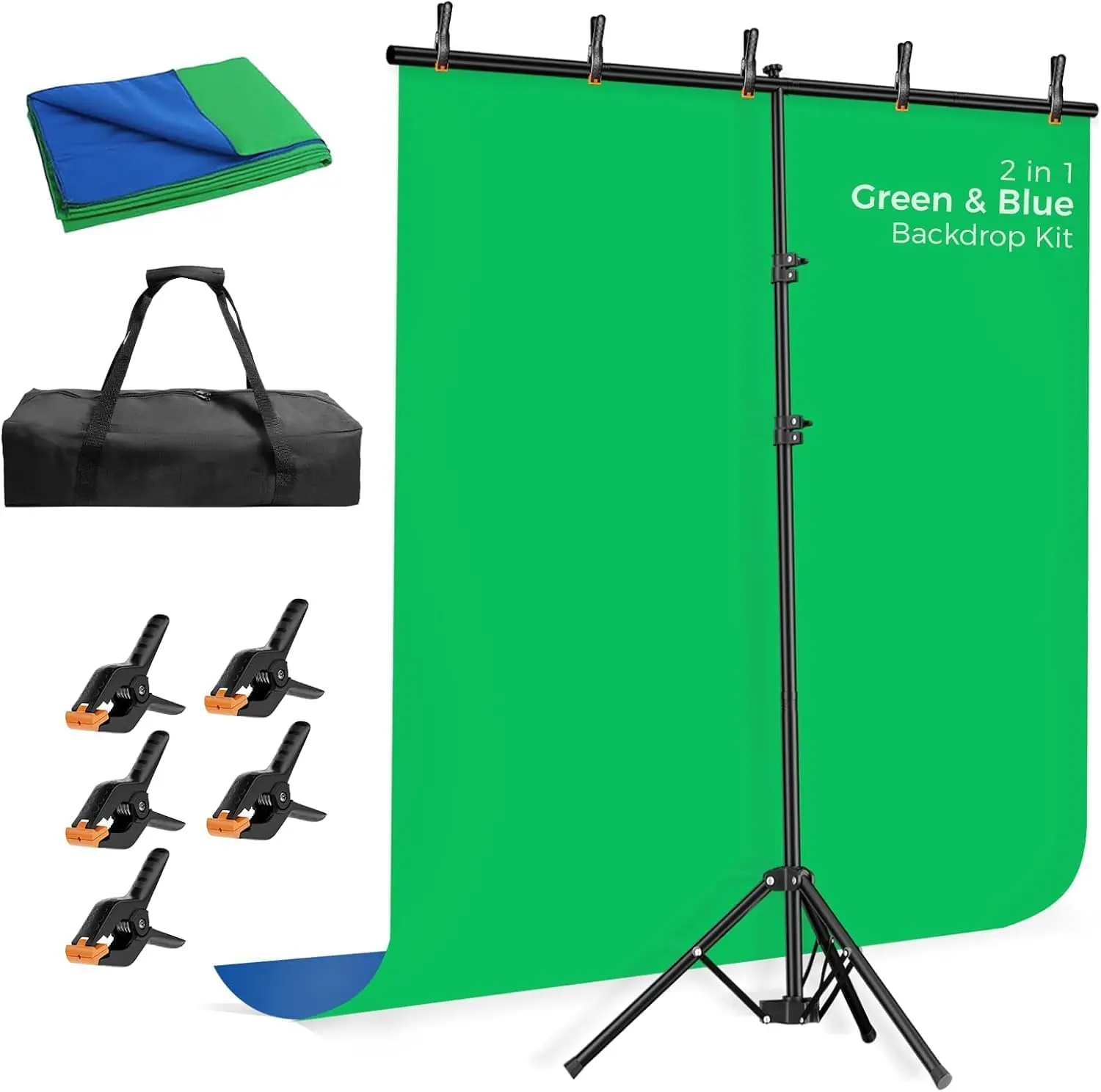 EMART Blue Green Screen Backdrop Kit, 5x6.5ft Portable T-Shape, Reverse Folding Base, Stand with 2-Sided Reversible Background for Photography, Zoom, Streaming and Studio Video Recording