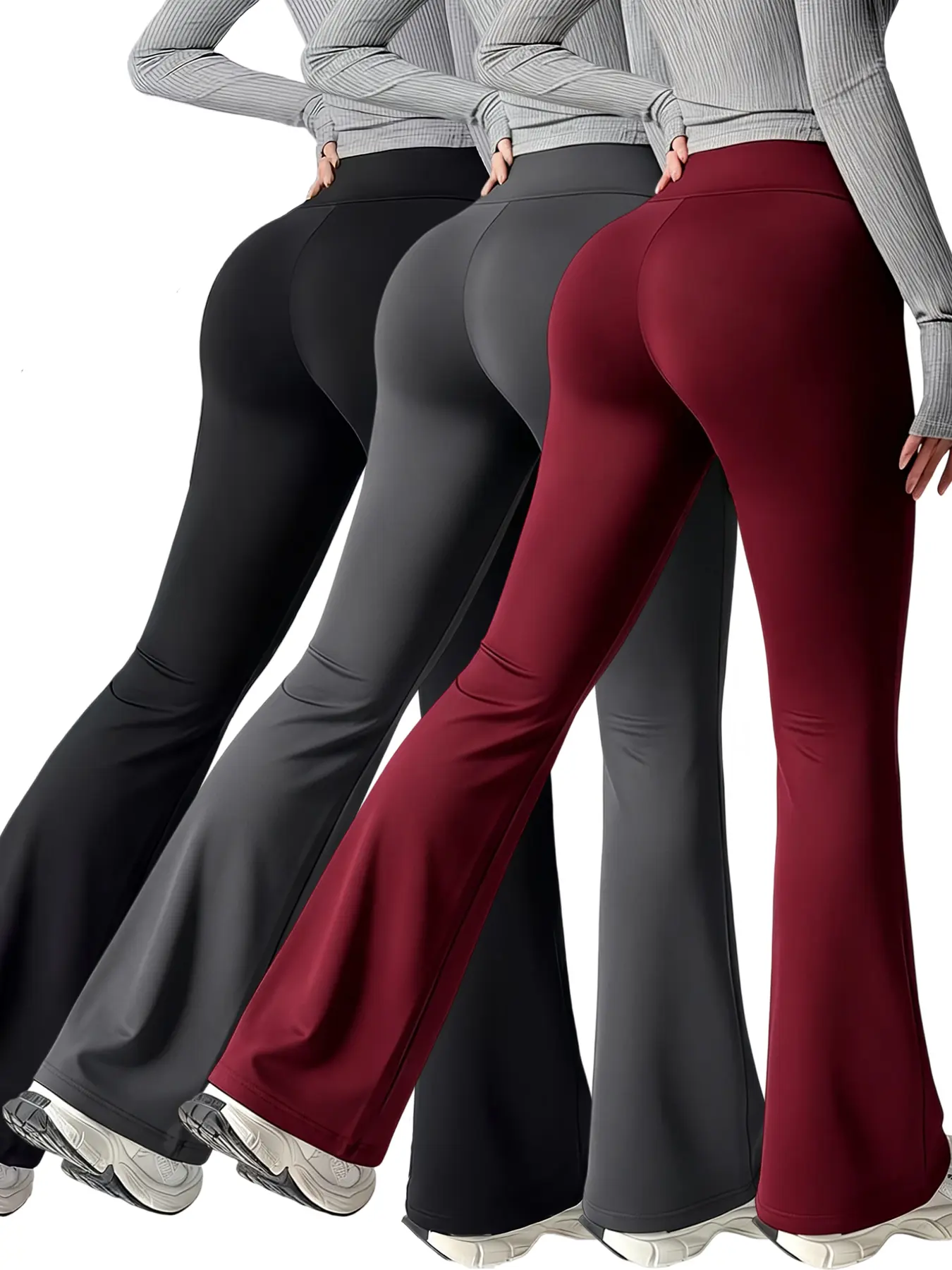 Women's High Waist Tummy Control Flare Yoga Pant Set Black Grey Red, Breathable Moisture-Wicking Slimming Stretch Sweatpants for Lounge Sport