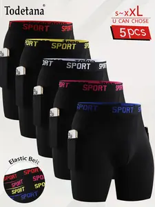 Todetana 5 Pack Men's Solid Color / Letter Tape Stretchy Boxer Briefs, Casual Comfy Slim Fit, Breathable, Moisture Absorption, Underwear with Pocket for Daily Wear, Men's Underwear for All Seasons, Undergarments, Athleisure Menswear, Underwear Boxer Brief