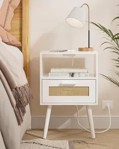 Bedside table with charging station, coffee table, rattan bedside table, side table with handmade rattan decorative drawers, wooden decorative table with bedroom storage, white