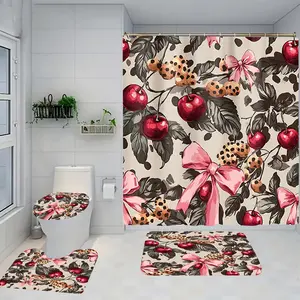 1/4 piece cherry ribbon design bathroom set, including soft floor mat, toilet seat cushion, shower curtain, creating elegant decoration for home decor. The floor mat has good rebound, water absorption, anti slip, and is the first choice for gift giving