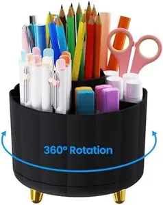 360 Degree Rotating Pen Holder for Desk, 6 Slots Desktop Organizer Caddy for Pens, Pencils, Markers, Multi-Functional Pencil Cup & Office Supplies Holder, Black