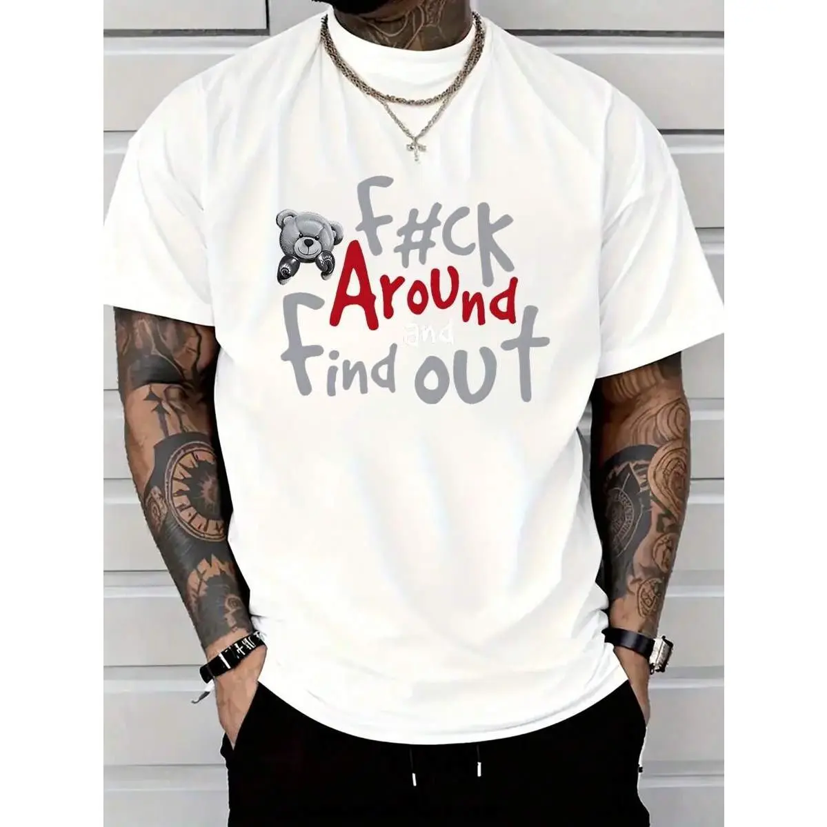 Pure cotton men's casual T-shirt with a fun boxing bear print and "FK AROUND AND FIND OUT" text.Loose fit, basic black, short sleeves, round neck.Machine washable, comfortable for all seasons, unisex for everyday wear.