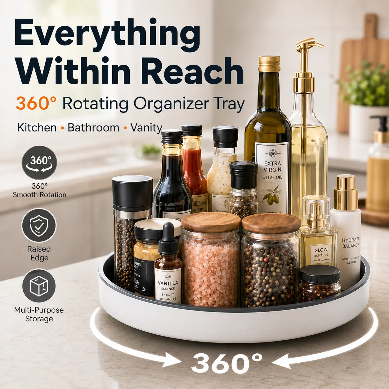 Black & Gray 360° Rotatable Smooth Household Lazy Susan Turntable, Non-Slip Organizer Tray for Kitchen Countertop, Vanity & Pantry Cabinet Storage