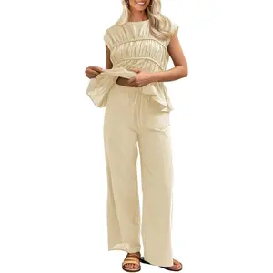 TANKANEO Women's 2-Piece Linen-Cotton Set - Soft Cap Sleeved Ruched Babydoll Peplum Pleated Tank Top, Wide Leg Pants for Beach Travel Vacation Outfits