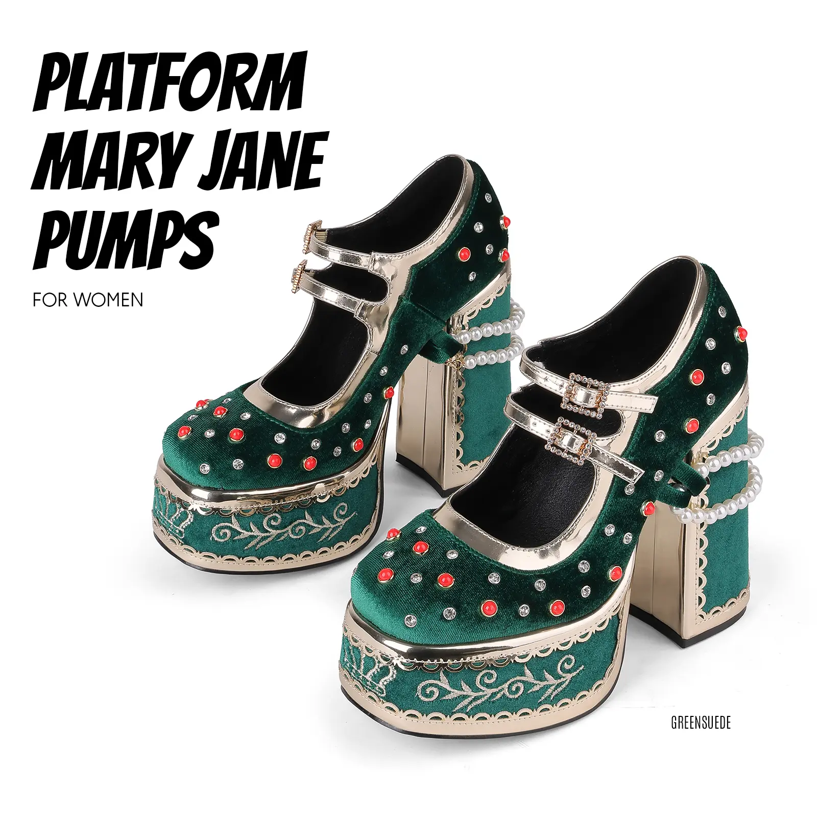 Womens Platform Mary Jane Pumps Chunky Block Heel Double Strap Buckle Pearl Chain Embellished Velvet Rhinestone Round Toe Vintage Gothic High Heel Shoes Party Wedding Dressy Fashion Statement Shoes