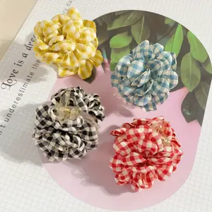 Single Boho Checkered Fabric Flower Hair Claw Clips for Women & s - Large Size Bohemian Sweet Style Hair Clips with Gingham Pattern, Vibrant Yellow/Red/Black, Secure Hold for Half-Up Styles, Ponytails, Beach Summer & Weddings, Wedding Accessories