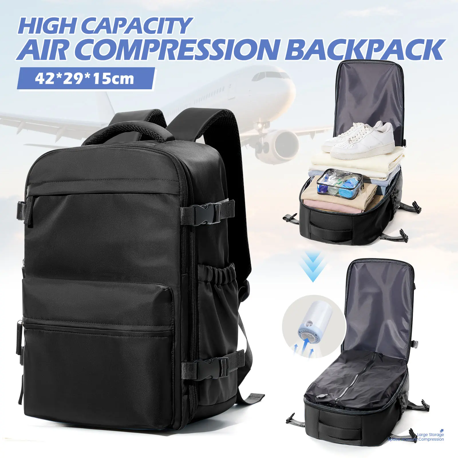 Unisex Lightweight Waterproof Multifunctional Laptop Backpack, 18x14x8 in Airline-Approved Carry-On with Laptop Compartment, Included Vacuum Pump & Luggage Straps