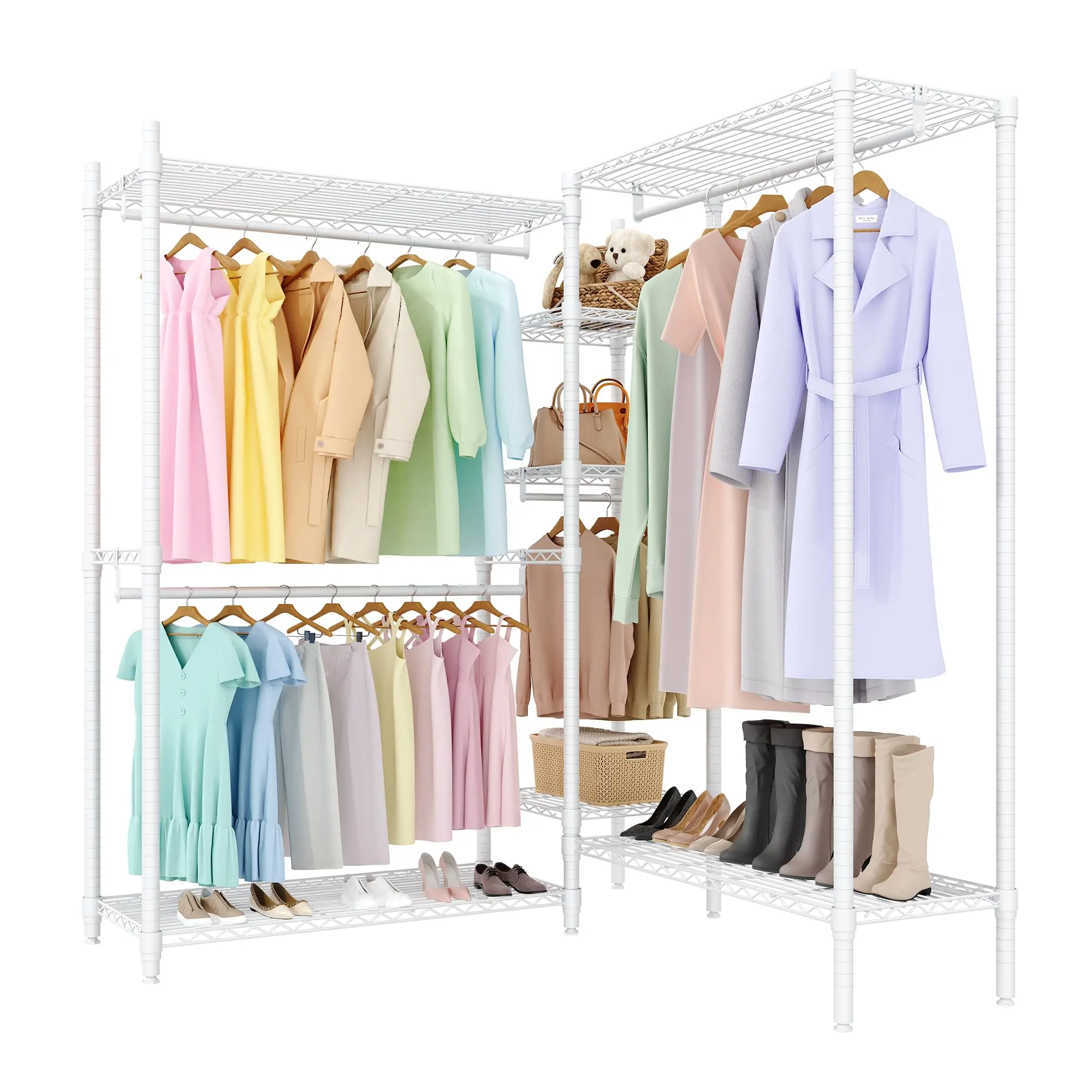 Garvee Heavy-Duty L-Shaped Freestanding Clothes Rack, Open Wardrobe Closet Organizer - 4 Hanging Rods, 7 Adjustable Wire Shelves - 1870 lb Capacity, 85.4W x 17.4D x 70.5H in, Black