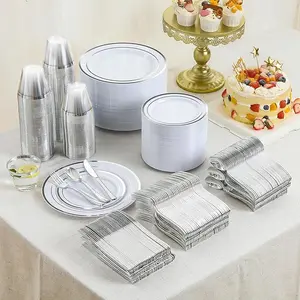 600 Pcs Silver Plastic Dinnerware Set for 100 Guests, Disposable Plastic Plates for Party Wedding Birthday, 100 Dinner Plates, 100 Salad Plates, 100 Spoons, 100 Forks, 100 Knives, 100 Cups