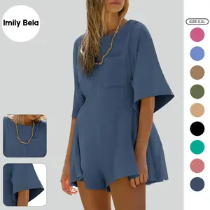 Imily Bela Rompers for Women 2025 Spring Outfits Summer Casual Short Sleeve Crew Neck Loose Jumpsuits with Pocket