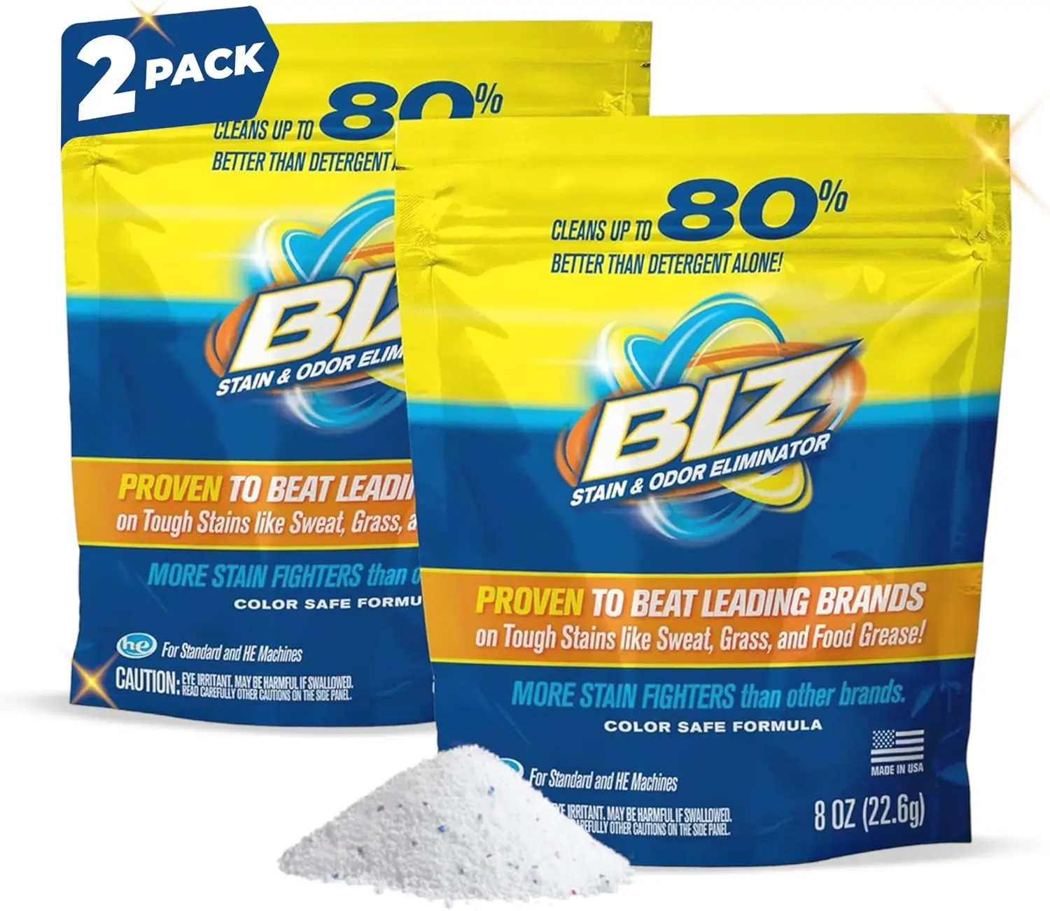 Biz Enzyme & Active Oxygen Anti-Odour Bulk Laundry Detergent Powder, Stain Eliminator for Grass, Sweat, Food Grease, Color-Safe, HE-Safe Cleaning Formula, 2-Pack, 16 oz Total