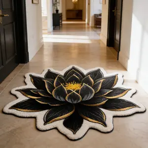 Black gold lotus shaped carpet, black gold contrasting velvet floor mat, bedroom bedside anti slip and wear-resistant foot mat, light luxury Zen atmosphere decorative mat suitable for ins style/new Chinese style light luxury home decoration