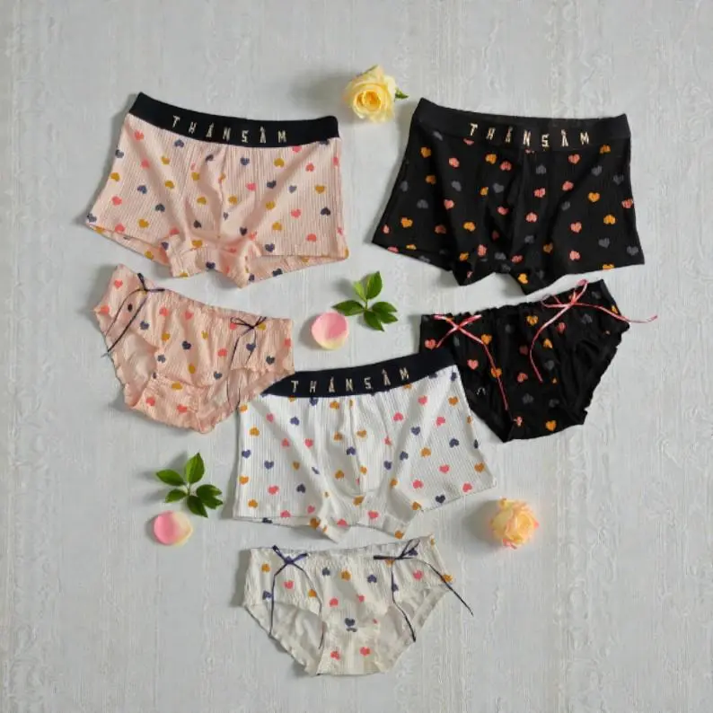 Combo Pair Couple Underwear Set Heart Print Boxer Ruffle Panties Gift, Breathable & Comfortable Fit