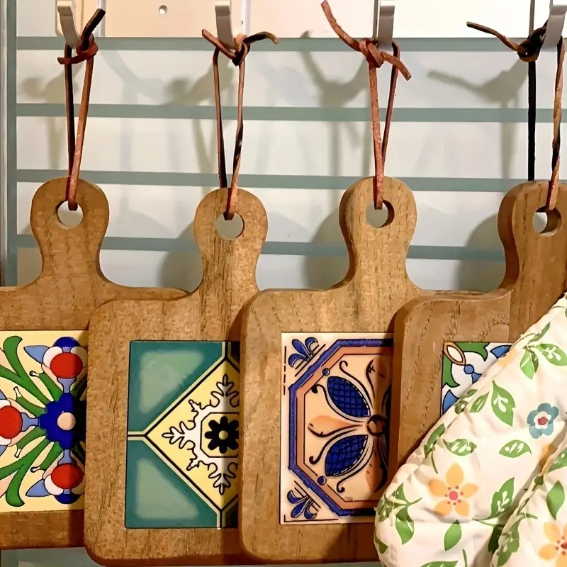 4 Pcs Vintage Heat Resistant Mats, Wooden Bowl Cup Pad, Solid Wood Table Mat, Ceramic Dish Pad, Retro Flower Tile Pot Pad
