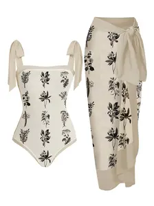 RETRO STAGE Women's 1950s Beige Floral Print 1-Piece Swimsuit & Swim Cover Ups Set, High Stretch, Tie Shoulder Straps, Removable Pads, Machine Wash, Multi-Size, Summer Beach Outdoor Wear