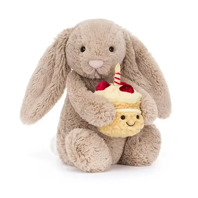 Jellycat Bashful Beige Bunny Birthday Edition – Adorable Plush Bunny Holding Birthday Cake, Keychian Soft Toy Gift for All Ages