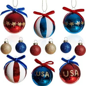 4th of July Tree Patriotic Decorations Red White and Blue Hanging Decor Balls with USA Stars & Glitter, Memorial Independence Day Decorations Party, Summer Gift 12 Pcs Shatterproof