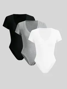 Women's Solid Color Bodysuit, Casual Comfy Bodysuit for Daily Wear, Ladies Clothes for All Seasons