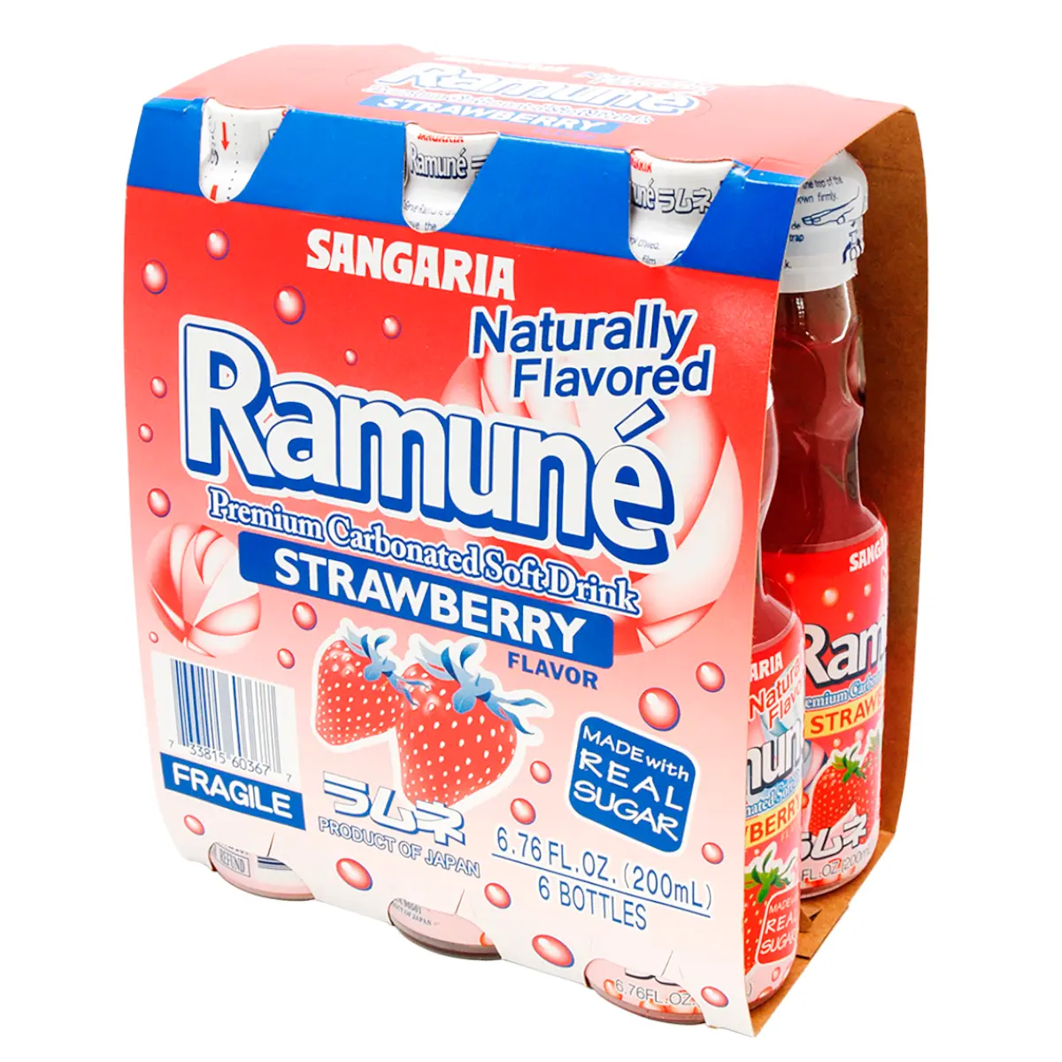 Sangaria Ramune Premium Sweet Carbonated Fizzy Fruit Soda, Original Marble Drink with Strawberry or Lychee Flavors - 6-Pack (6.76 oz Each), Popular Japanese Beverage