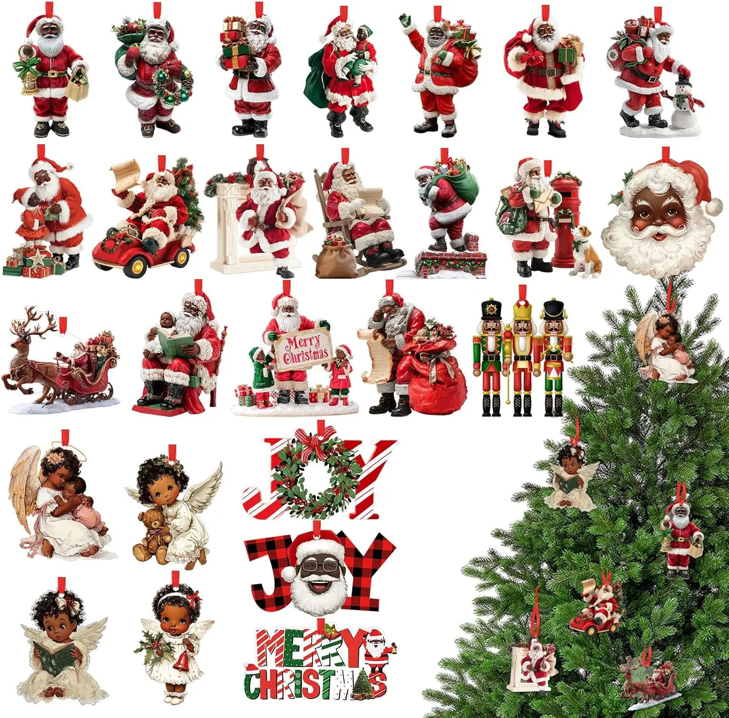 26 Pcs African American Christmas Decorations Black Santa Christmas Tree Ornaments Vintage Double-Sided Acrylic Rustic Santa Claus Ornament for Xmas Tree Party Decor