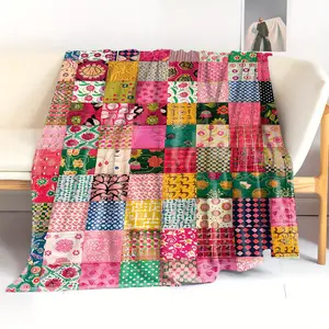1pc Mid-Century Boho Flower Assorted Color Art Graphic Patchwork Flannel Blanket - Soft, Cozy Throw for Bed, Sofa, All-Season Comfort, Boho Blankets, Flower Blankets