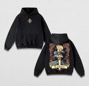 Saber Fate/stay night Oversized Washed Hoodie & T-Shirt – Retro Anime Graphic Cotton Pullover & Tee, Vintage Manga Streetwear for Men & Women