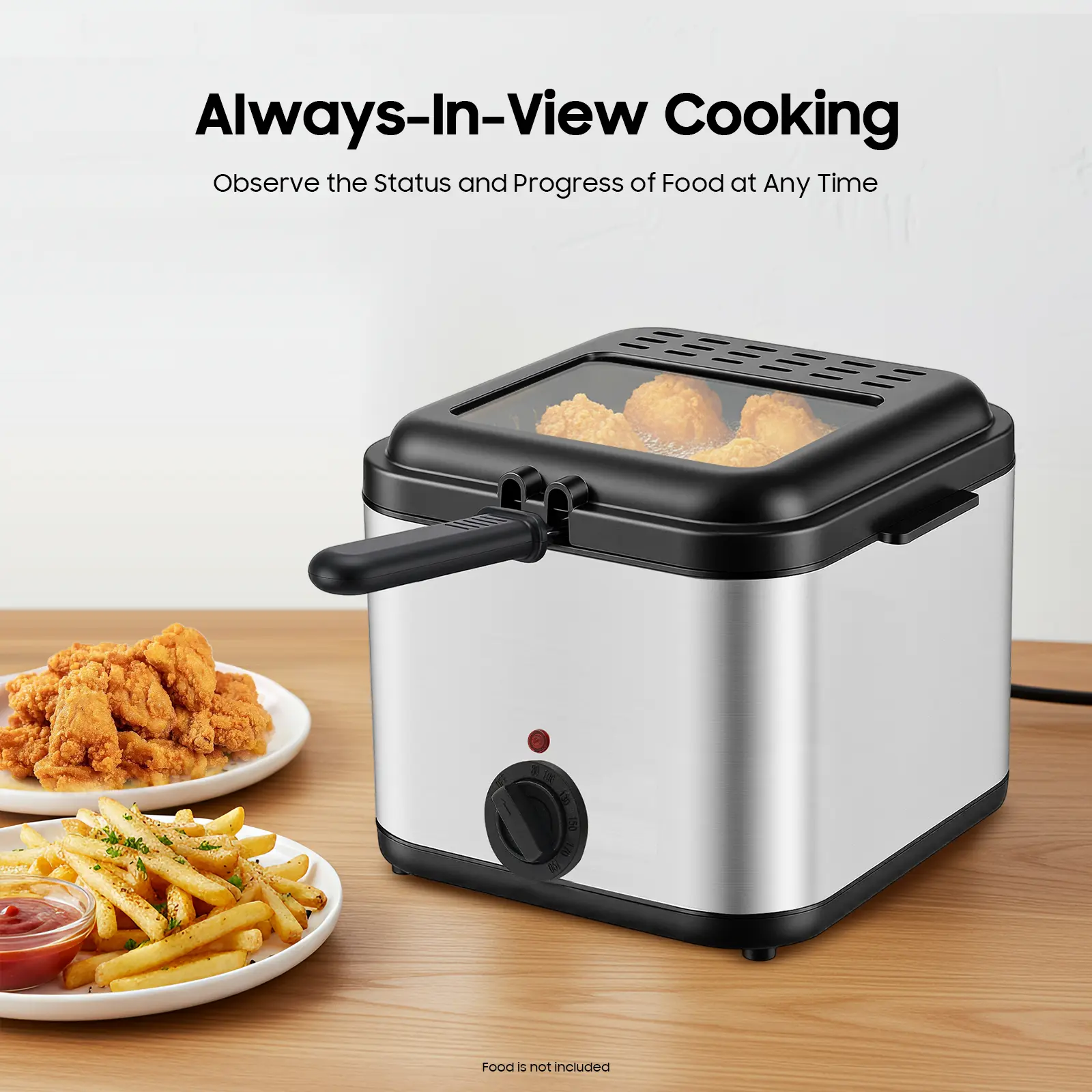 CNCEST 1000W Compact Stainless Steel Electric Deep Fryer - 2.5L (0.66 Gal) Home Kitchen Appliances with Basket, Drip Hook, Removable View Window Lid, Filter for Frying Chicken Wings