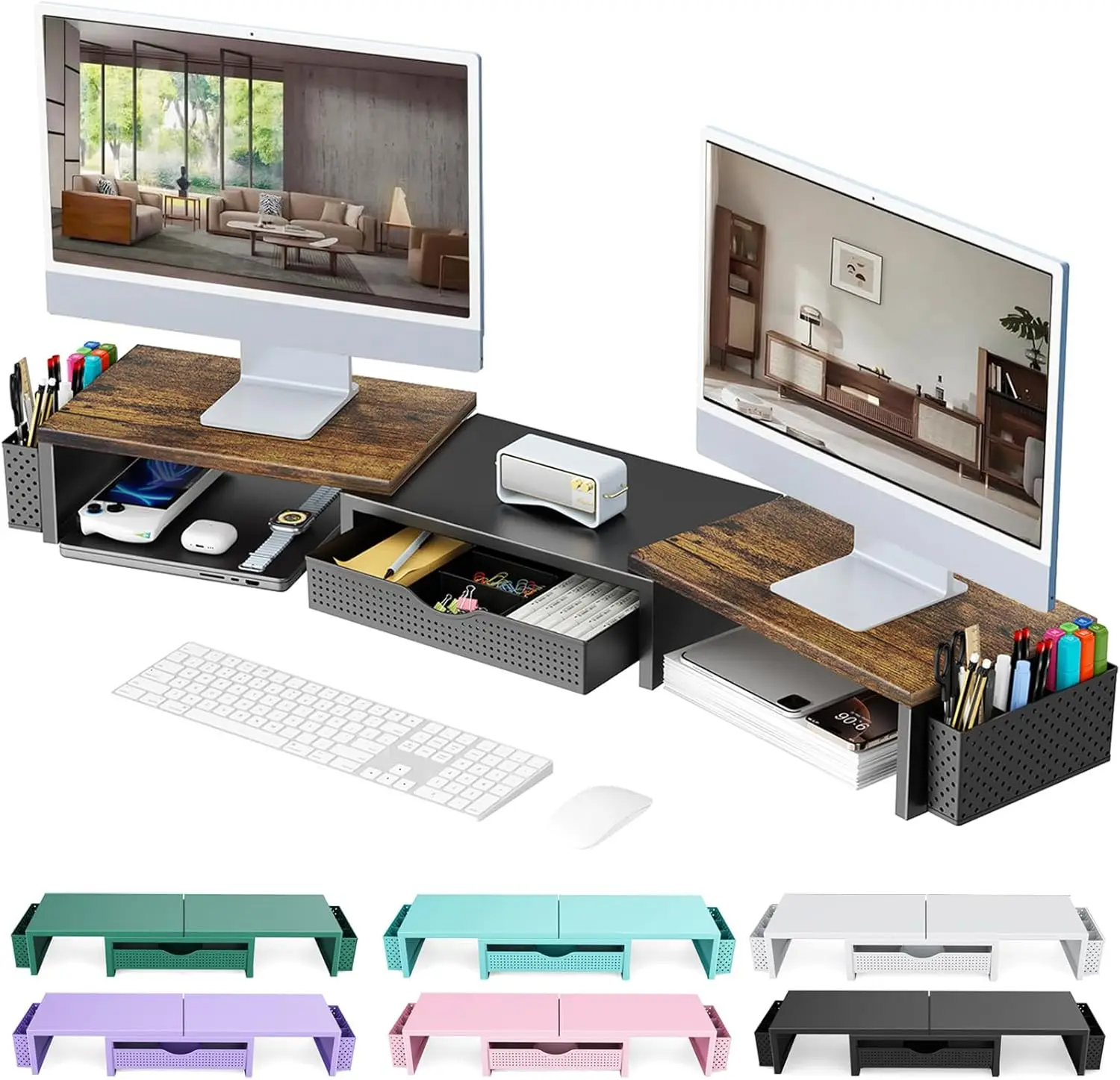 Dual Monitor Stand Riser, Desk Organizer With Drawer and 2 Pen Holders,Computer Monitor Stand, Desk Shelf for Top of Desk, Wood