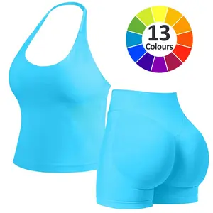 JGS1996 Two-Piece Set Women's Solid Color Halter Top & High Waist Shorts Sports Set Sporty Comfy Breathable Quick Drying Outfits for Yoga Gym Work Running Ladies Sportswear for Summer Workout Gym Clothing High Waisted Yoga