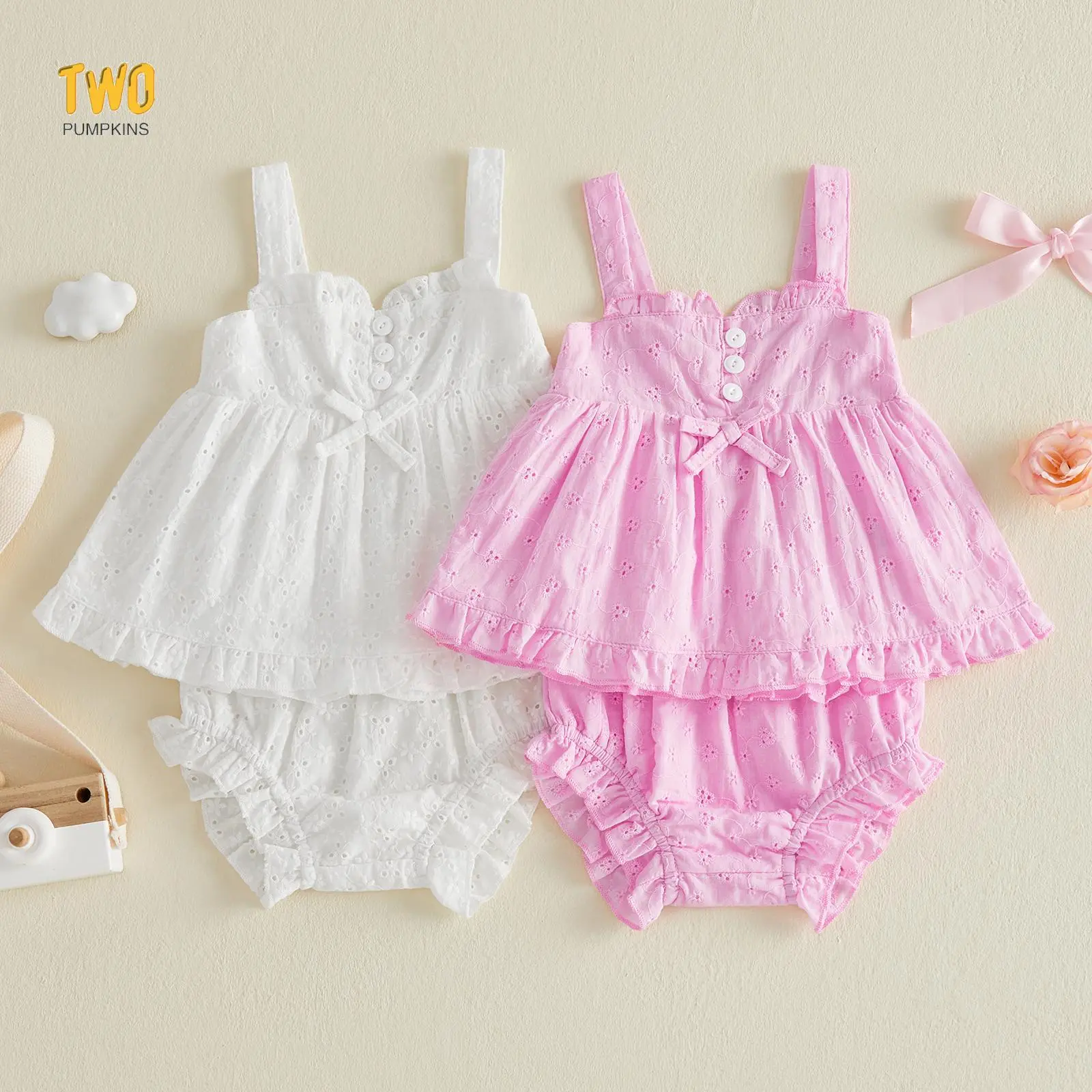 Toddler Baby Girls Summer Outfit Cute Solid Color Eyelets Ruffle Tank Tops with Shorts 2Pcs Set