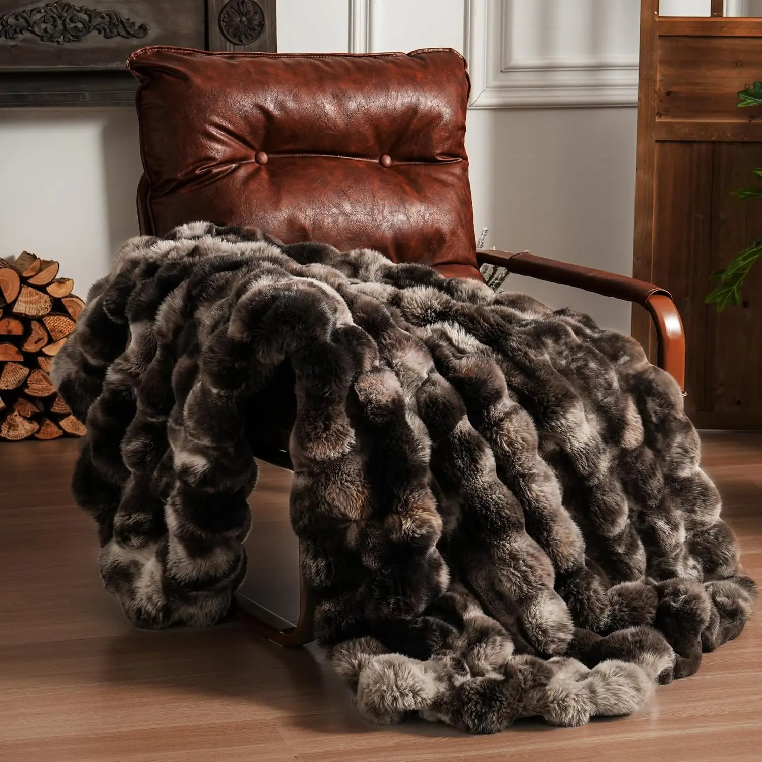 Fluffy Faux  Throw Blanket for Couch, Soft Plush Thick Cozy Fuzzy Luxury Minky Bubble Blanket for Home Living Room Decor  for Women, Tie-dye Coffee, 50" x 60", 1100GSM